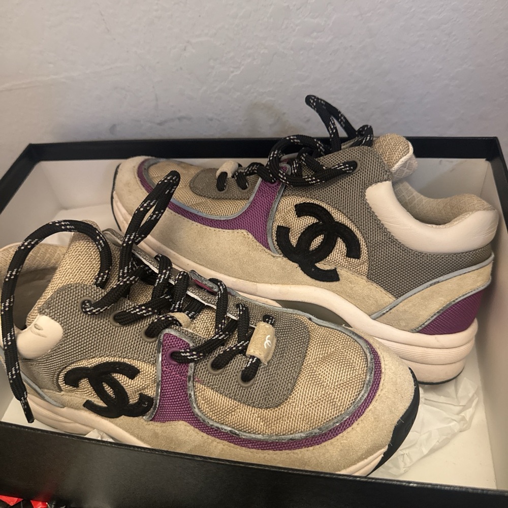 CHANEL White and Black Sneakers